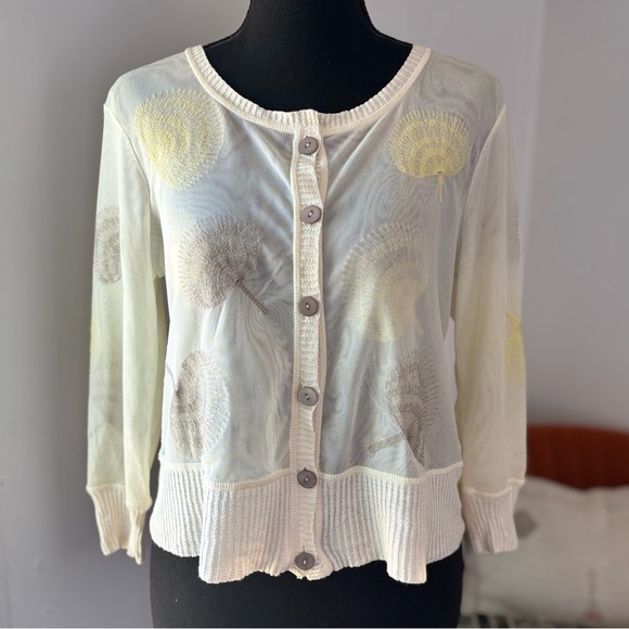Nic + Zoé Mesh Fan Linen Blend Trim Cardigan Petite Med - Picture 4 of 7